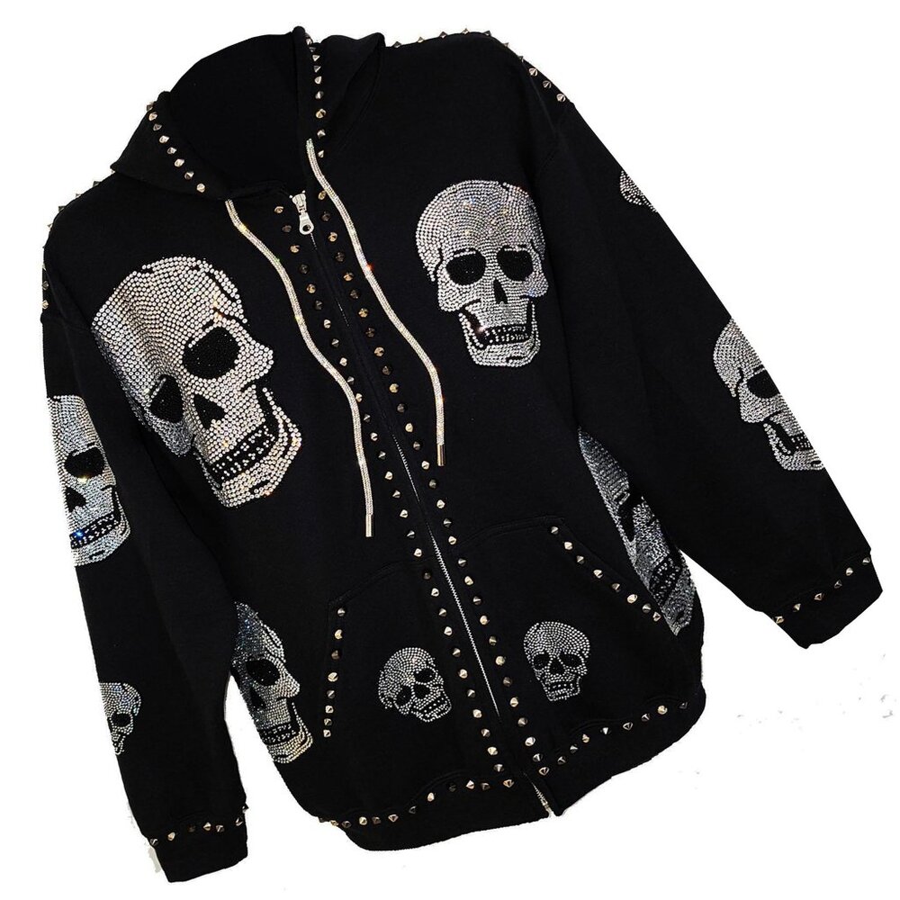 Yokina Skull Embellished Unisex Black Hoodie